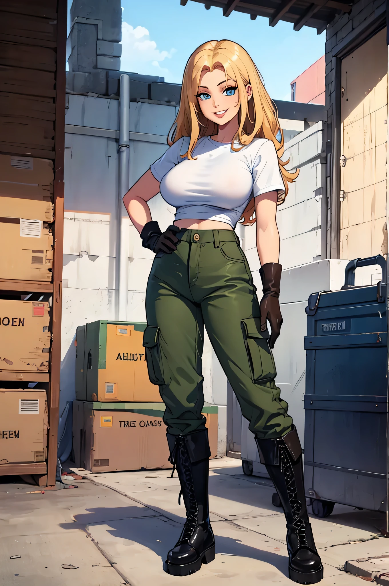 green solid background, 1 woman, best quality, ultra high res, long hair, big full lips, blonde hair, blue eyes, blue military cargo pants, cropped white t-shirt, short sleeves, smiling at viewers, wearing brown gloves, wearing black combat boots, double D breast, standing, full body