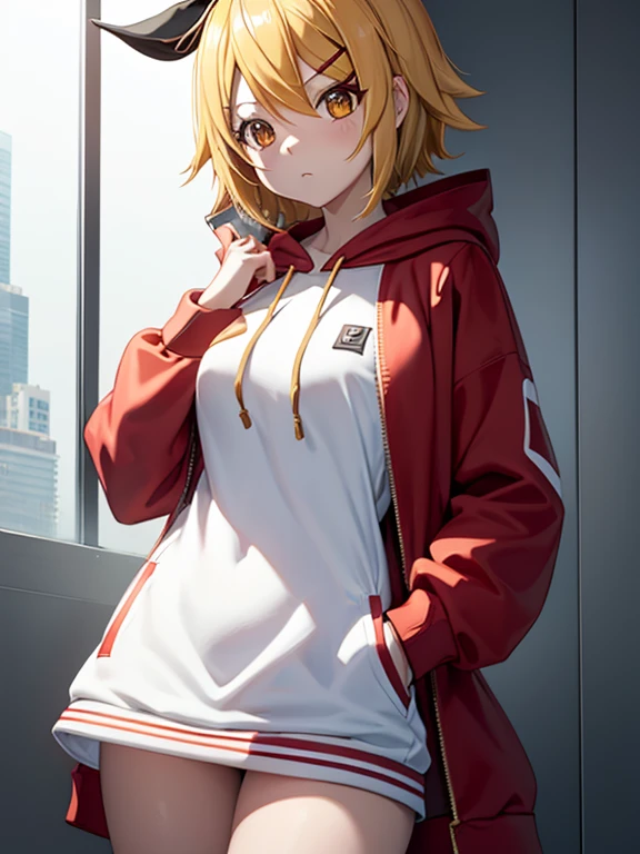 Kagamine rin , 1 girl , wearing a red hooded sweater , white miniskirt with gold horizontal lines , viendo al espectador , bragas visibles , rostro seductor ,(imagen de ultra alta calidad 8k ) obra maestra ( high-definition picture ) , maximum image resolution , ( detalles de la imagen bien definidos )