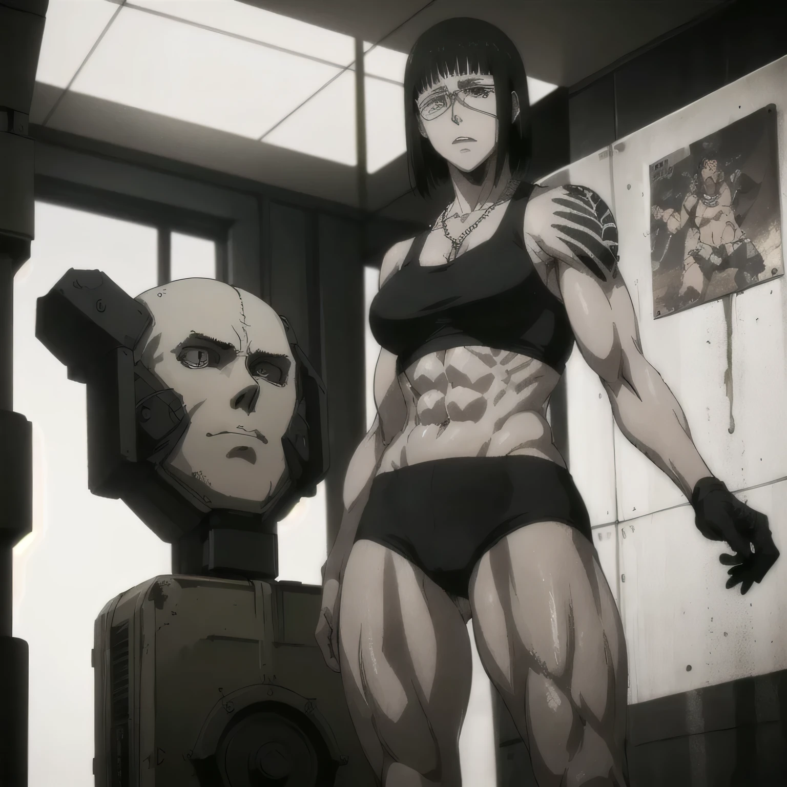 (best quality,ultra-detailed,realistic:1.37),musclaur badass girl with sculpted body with preview her musclaur body and six-pack, full review of the female character's face and body, intense expression,studio lighting, vivid colors, physiologically-based rendering, grungy texture, rugged background, dust particles in the air, commanding presence, professional, powerful, gritty aesthetics,,Valmet،short hair،tattoos on shoulders,,Shining muscles, muscle protrusion,wearing military male black underwear and midriff tank top,necklace,Valmet have a sex muscles,eyepatch,koko hugs Valmet,koko