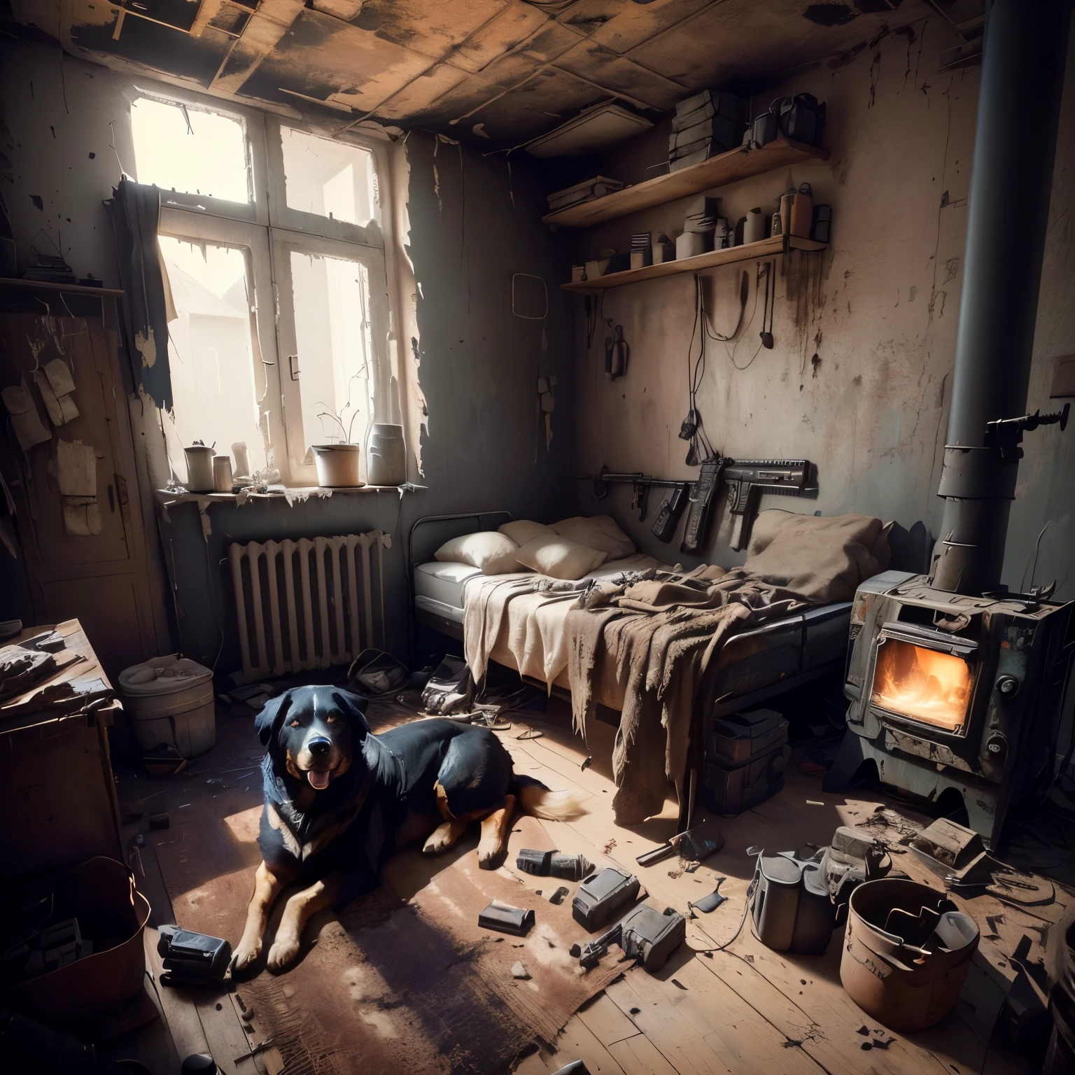 there is a dog laying on the floor in a room with a bed, post apocalyptic room interior, in a old house. hyper realistic, photorealistic dark concept art, dusty unreal engine, post apocalyptic setting, dirty room, post - apocalyptic vibe, in the art style of filip hodas, realistic unreal engine 3 d game, in tarkov, by maxim verehin, MACHINE GUN STANDING ON BED