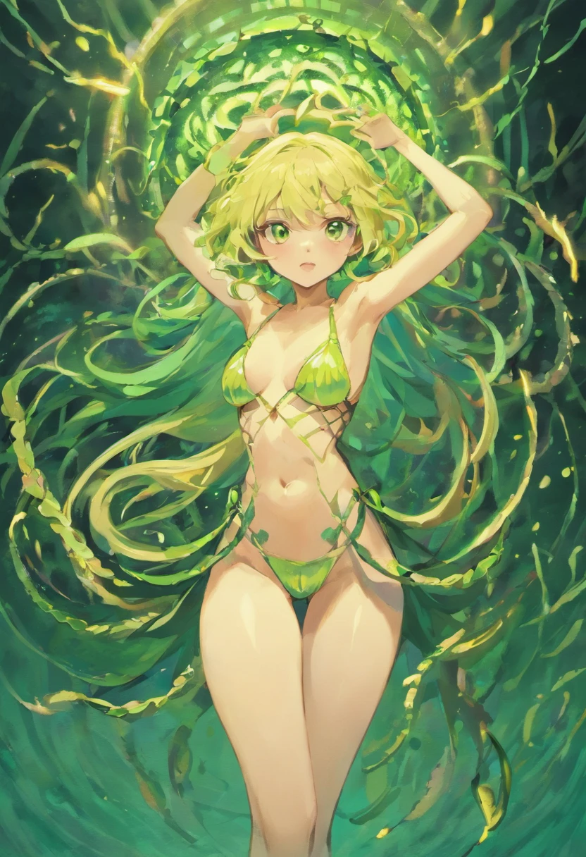 1 girl, jellyfish, snake hair, green eyes, seductive facial expression, pale skin, A slim body, Long legs, in a bra, in a bikini, sexuality, naked body, shimmering scales, serpentine movements, mysterious aura, mythical creature, dark background, Moonlight, twisted vines, petrified look, (floating snakes in the air:1.1), Enchanted forest, Greek mythology, fantasy, fascinating, modern, Dangerous beauty, Furious, elegant, enchantress, Enchanting, coiled snakes.