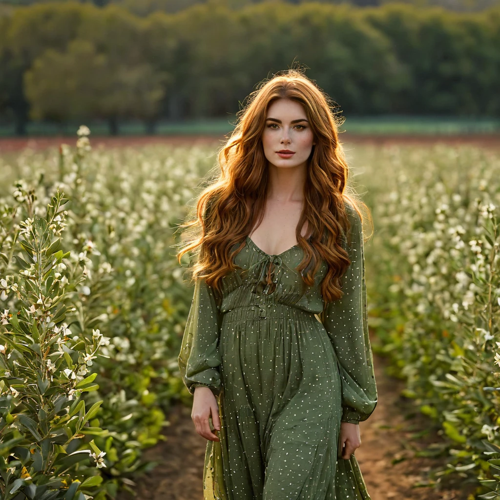 Luma is a elegant person, she is beautiful And have a strong posture, she has breasts that have a voluminous proportion, a pear feminine silhouette, Auburn hair, long Auburn hair, She has expressive eyes, ( Only eyes olive green) Her skin is fair and she has some light freckles on her cheek bones, busty, Farm, Brown rustic clothes, boho clothes, farm boho fashion clothes, romantic vibes, fire lights, fire sparkles, flowers clothes the hair to be half straight and half with curled ends cartoon