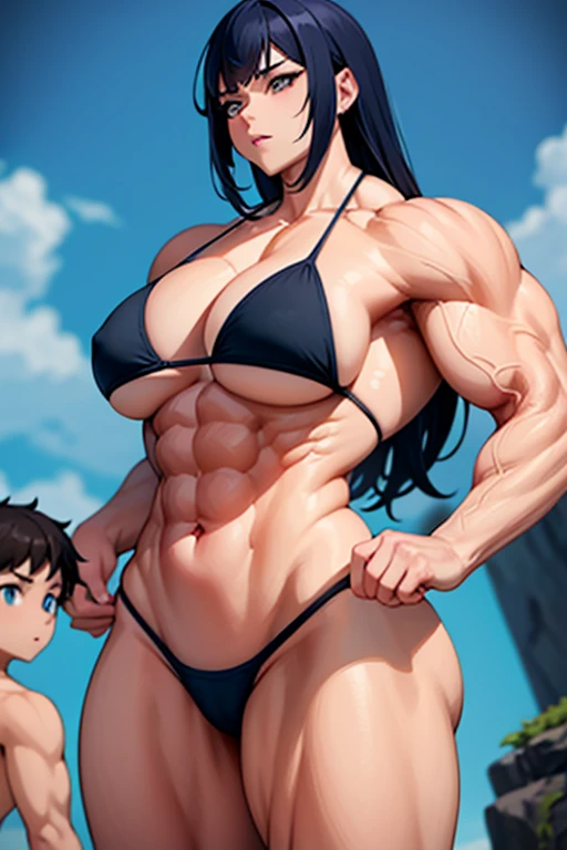 a close up of a cartoon woman in a bikini and a boy in a small suit, garoto pequeno e fraco, muscular!!, muscular!! sci-fi, personagens musculosos, garota musculosa, mulher ultraviolenta muscular, poderoso e enorme, forte e imponente, huge muscles, muscular!, muscular! fantasia, exaggerated physique, Oppai proportions, commission for high resolution, pose mais forte, make a  boy por favor , por favor make a littleraco, make a little boy ,a dwarf boy,,, make a little boy , make le boy, Make two chas, make two characters the boy and the woman, Make two characters , do the boy, do the boy pequeno.