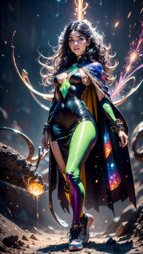 An ultra-realistic and ultra-detailed (Legendary Psychedelic Masterpiece), ((full body portrait)), (Dynamic Angle, View From Below), A Gorgeous caucasian celestial Sorceress creating Magical Energy in front of her, Dark Sneakers, Slim Body, (Stylish Wavy Black Hair), (silver eyes), ((small breasts)), Wearing A Unique Abstract Fashion Outfit With A (Colorful Elegant Wizards Cloak), Her Magnificent Pet Dragon Is Beside Her, Striking, Awkward View Angle, Galactic Clouds everywhere adorned with vivid chemiluminescent stars and galaxies floating through the cosmos, Atmospheric, radiating luminous cosmic energy, multicolored, vibrant lighting, visually stunning, surreal, epic, legendary, radically fantastic, sharp uhd, dof, 8k resolution, enhanced-realism, hyper-photorealism.