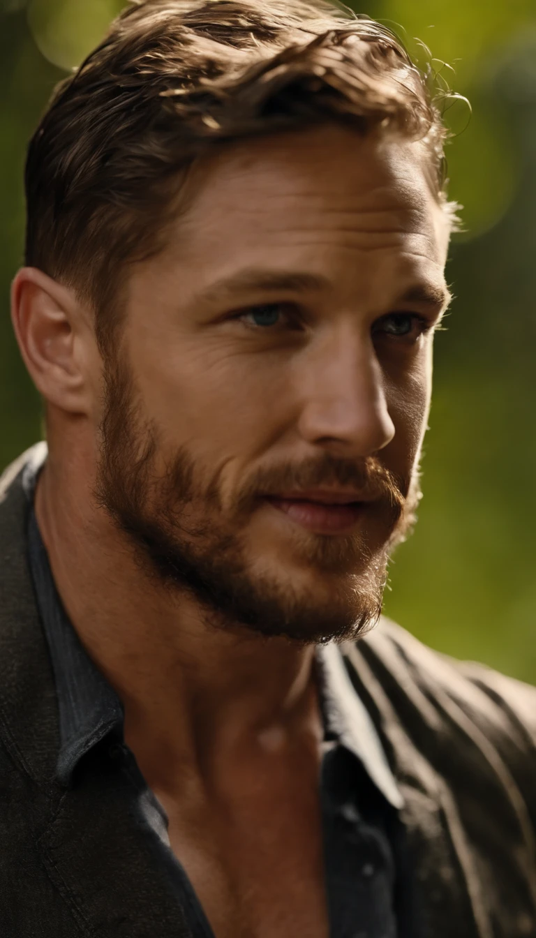 Imagen detallada de felicidad, young Tom Hardy smiled with wide eyes, la mirada de un tipo grande y desnudo y con pene grande, pectorales defininidos, renderizado fotorrealista, colores ricos,