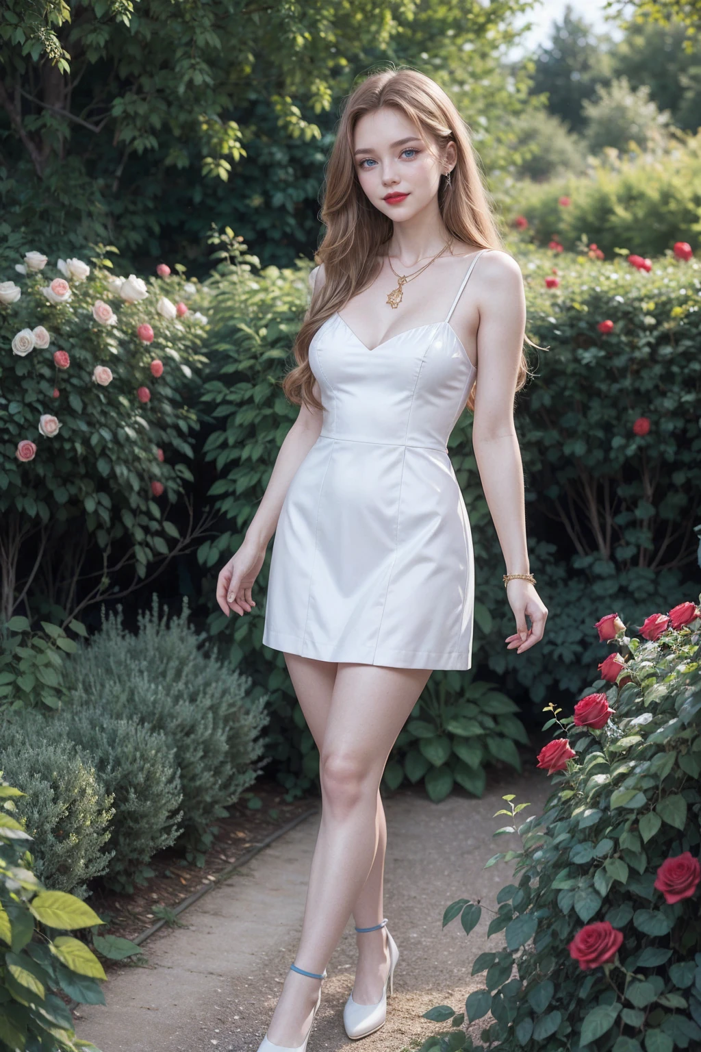 warm smile (red lips), golden long hair,blue eyes,blue dress,white stockings,jewelry necklace, pale girl, thick legs, walking, in a garden full of roses