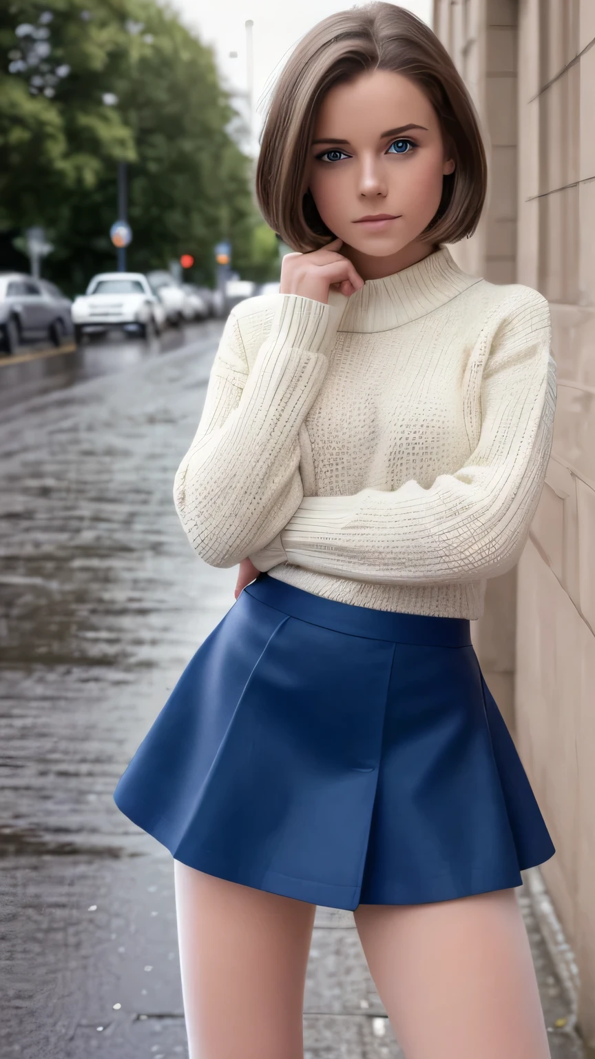 (((hd closeup photo))),((best quality)), ((masterpiece)), (detailed), perfect face, very young white girl, short brown hair, wearing black sweater, pretty blue eyes, perfect makeup, standing on a street corner in Belfast Ireland, 1972, raining, wearing a short navy blue skirt, white blouse, multiple poses, skin tone pantyhose