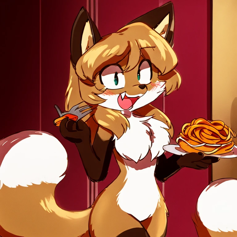 Nervous smiling, uploaded the e621, beautiful and detailed, woman (((female))) ((anthro)) Fox, (Averi, Fox girl), cinematic lighting, Fox, (anthro, fluffy fur, character focus:1.1), 1girl, anthro fox girl, body fur, curvy, sexy, nice, cute, hot, comfortable anime-style cartoon-style, digital drawing, SFW, flat chest, eating, spaghetti, eating spaghetti, fork, open mouth, fully open eyes, smiling, happy expression
