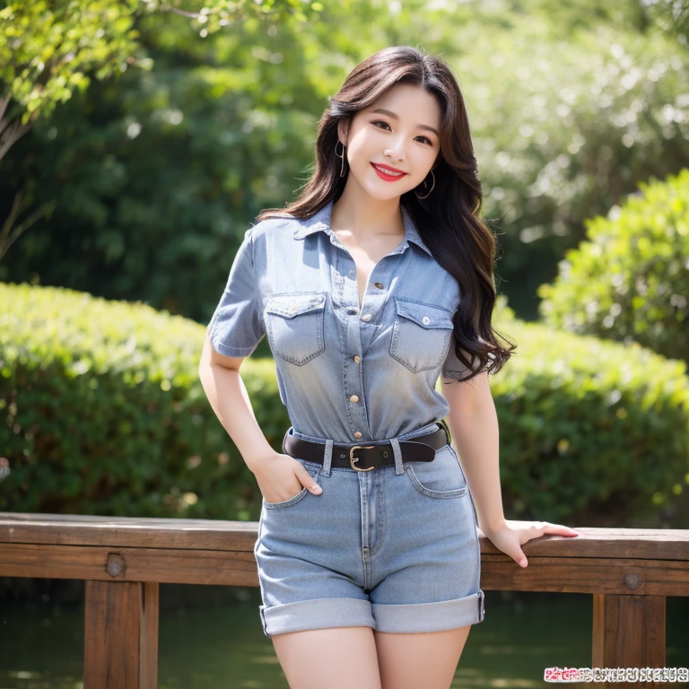 Draw the lips correctly, red lipstick, From the chest up, best quality, Extremely detailed, realistic, ผิวExtremely detailed, perfect anatomy, (1 日本mature的女人), (alone),Wear a gray shirt.,short sleeve,Blue Jeans,black belt,long wavy hair,37 year old woman,mature,Charming smile,outdoor background,stand,leg length,chubby,big breasts,stand up,full body shot