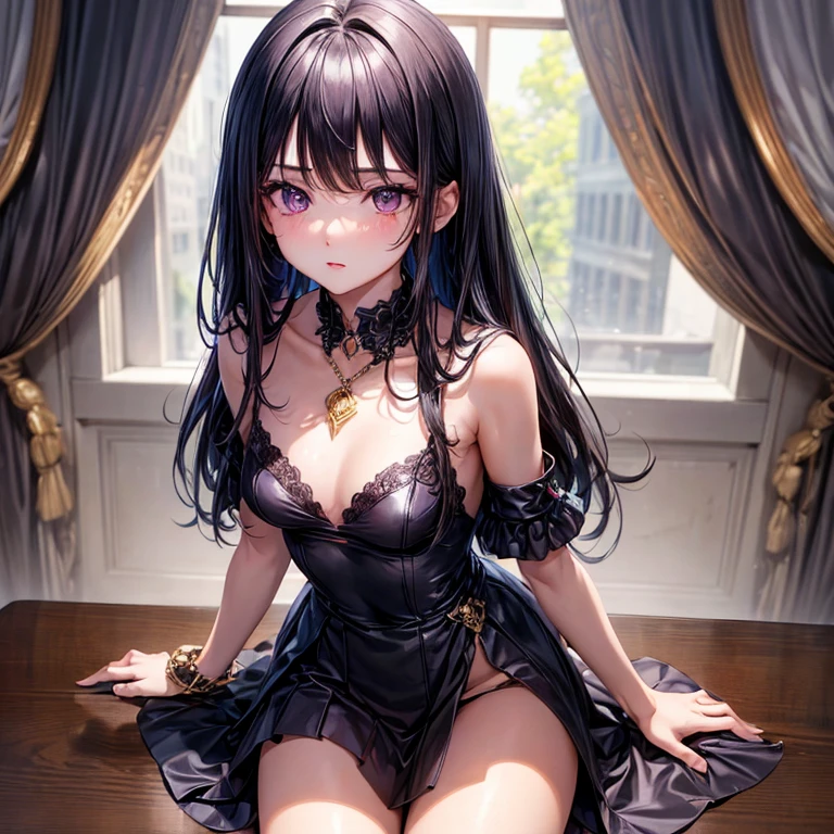 (Promising Idol)
(Best Quality: 1.2)
(Super Detail)
1 girl
Long, sleek black hair
School setting
Library AI ambiance
Please spread your legs wide on the table,
Purple eyes, 15 years old,
Slender legs,
Seraph costume, Necklace Paired,
Blue Collar, Blush Lashes,
With bangs, Small breasts, Perfect hands,
Hand Detail, Fixed Fingers,
Looking directly at the audience,
Top-Quality, Rich details,
Perfect image Quality, Masterpiece,
Highest Quality, High Resolution,
One girl