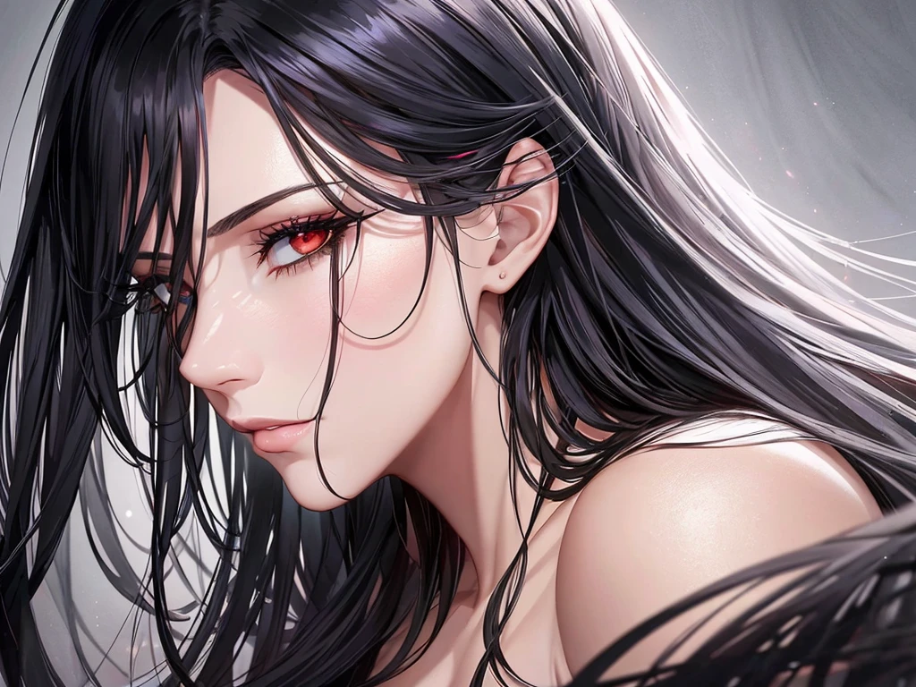 A stunning color sketch of Elektra. Every line of her face exudes romance, lust and allure, with eyes that seem to hold the mysteries of the universe. This portrait captures her beauty in exquisite detail. Her flowing locks cascade like black ink, framing a face that radiates a timeless beauty. The image is a masterpiece of artistry, showcasing the subject's undeniable charm and sophistication.