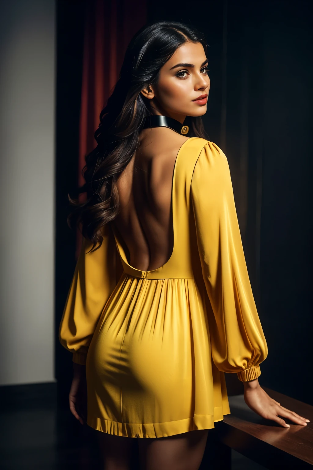 In this photograph, an Indian Instagram female model in her mid-20s takes center stage. , (highly detailed face:1.4) (smile:0.7) (backround 5 star hotel , moody, private study:1.OV, by lee jeffries, nikon d850, film stock photograph ,4 kodak portra 400 ,camera f1.6 lens ,rich colors ,hyper realistic ,lifelike texture, dramatic lighting , cinestill 800, realistic, wearing yellow red and black combination dobby weave self design fit & flare dress Sweetheart neck Short, puff sleeve Tie-up detail on back Above knee length in flounce hem Attached Lining Chiffon fabric, actress, karla ortiz, posing!!, candid picture, by Max Dauthendey,Completing the aesthetic, the model wears a slave collar with a chain around her neck. The photograph is meticulously captured in 8K resolution using cutting-edge techniques such as Cinema 4D and Octane Render, resulting in a highly detailed and photorealistic image. Studio lighting, HDR, and a smoky mist create a captivating ambiance, while the bokeh effect adds an artistic touch.