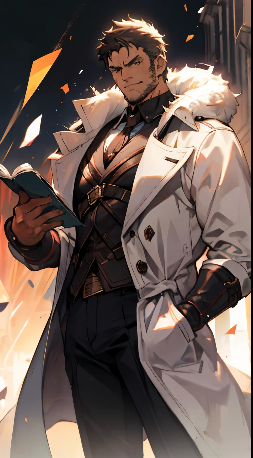 A middle-aged man of about 40, long hair in a striking red and black combination, wild and disheveled hairstyle, a fierce gaze, a confident smile, A lightning-shaped tattoo adorns his left face , a sturdy physique, a majestic fantasy-style coat with short sleeves, a form-fitting scale armor undershirt, Black fur shawl, wrist guards on his wrists, coarse cloth pants, e stands tall like a divine figure against a background of crumbling earth, with floating debris all around, this character embodies a finely crafted with a fantasy-style dominant in anime style, characterized by an exquisite and mature manga illustration art style, high definition, best quality, highres, ultra-detailed, ultra-fine painting, extremely delicate, professional, anatomically correct, symmetrical face, extremely detailed eyes and face, high quality eyes, creativity, RAW photo, UHD, 8k, Natural light, cinematic lighting, masterpiece-anatomy-perfect, masterpiece:1.5