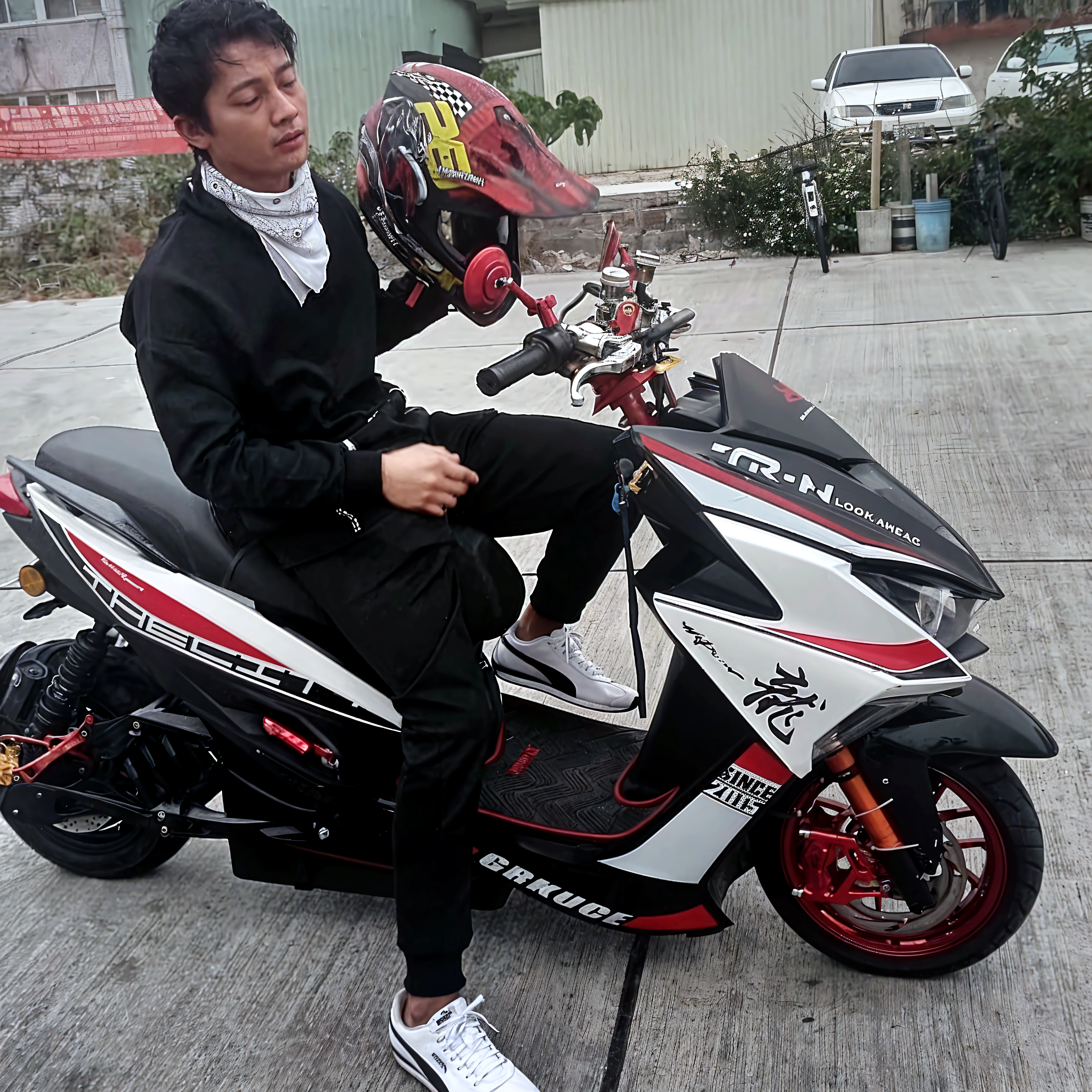 Photo of Kim Jong Un as Kaneda on red superbike from Akira, art by J.C. Leyendecker, Canon 5d Mark 4, Kodak Ektar, neon light