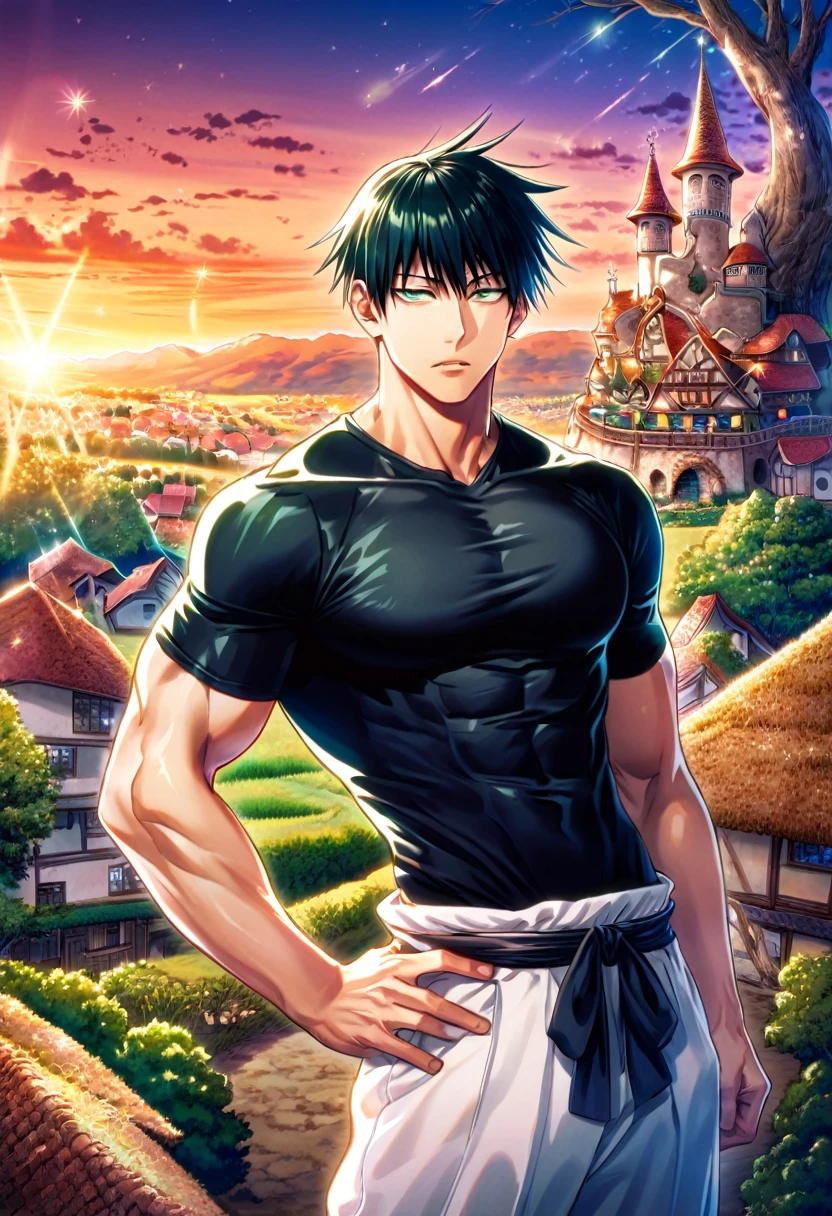 absurd resolution, high resolution, ultra detailed, HDR, master piece, best quality, Fushiguro Touji, black straight hair, expressive green eyes, sexy man, handsome, toned chest, Jujutsu Kaisen, black tight shirt, white baggy pants, village, trees, fantasy, magical, sunset, sparkling