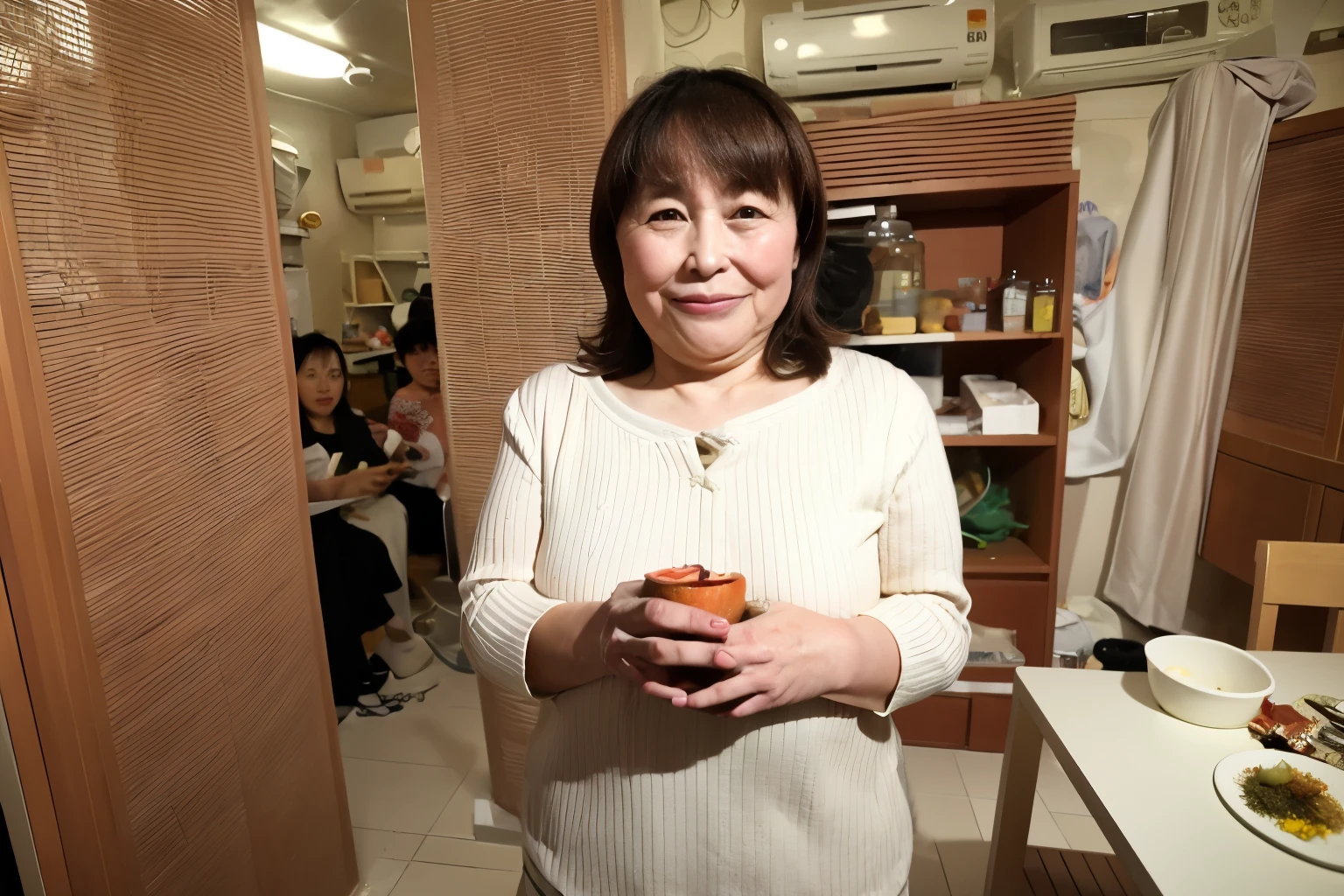 ((highest quality、8k、masterpiece:1.3))、Photorealistic, high resolution, High resolution, Portraiture, alone, Japanese, Chubby, obesity, My stomach is sticking out a little, Double chin, Middle-aged woman holding a shopping bag in one hand, 60 years old, Angle from which the upper body is reflected, Wrinkles around the eyes,The interior of the cafe is in the background, smile, Dyed brown hair, 160cm75kg , She is wearing a light-colored, thin knit that is perfect for spring.。