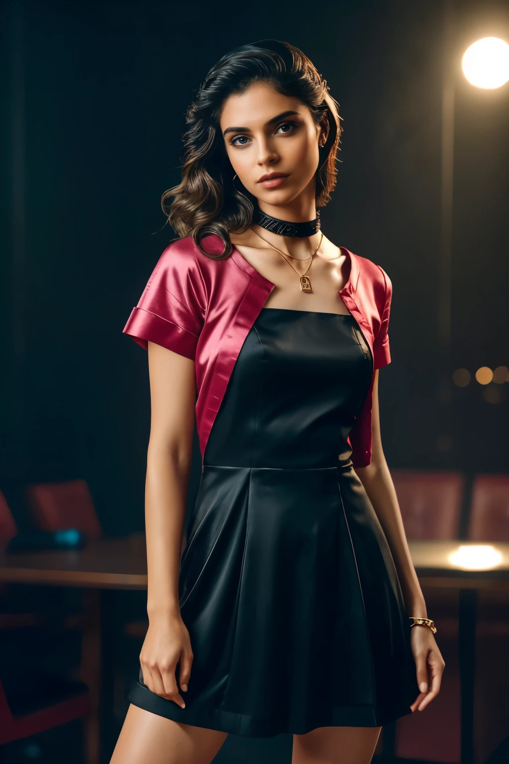 In this photograph, an Indian Instagram female model in her mid-20s takes center stage. , (highly detailed face:1.4) (smile:0.7) (backround 5 star hotel , moody, private study:1.OV, by lee jeffries, nikon d850, film stock photograph ,4 kodak portra 400 ,camera f1.6 lens ,rich colors ,hyper realistic ,lifelike texture, dramatic lighting , cinestill 800, realistic, wearing red pink and black combination dobby weave self design fit & flare dress Sweetheart neck Short, puff sleeve Tie-up detail on back Above knee length in flounce hem Attached Lining Chiffon fabric, actress, karla ortiz, posing!!, candid picture, by Max Dauthendey,Completing the aesthetic, the model wears a slave collar with a chain around her neck. The photograph is meticulously captured in 8K resolution using cutting-edge techniques such as Cinema 4D and Octane Render, resulting in a highly detailed and photorealistic image. Studio lighting, HDR, and a smoky mist create a captivating ambiance, while the bokeh effect adds an artistic touch.