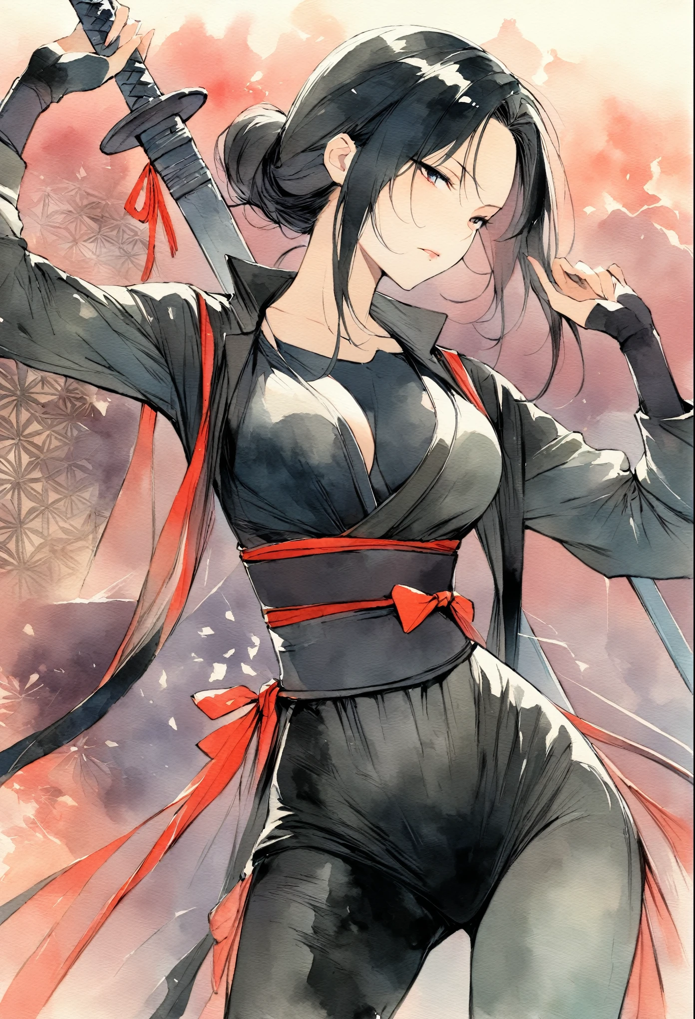 masterpiece, Best quality, Drawing of a black-haired futuristic female ninja illustration, watercolor (medium), 1girl, breast, Dressed in sophisticated modern ninja costumes,Equipped with traditional and technological weapons. She has long black hair,Tied with a red ribbon and a symbol。She must be wearing a high-end black outfit with red accents,These include letters. She was holding a sword,The hilt and scabbard have intricate patterns. The background is the Edo period, Five fingers.