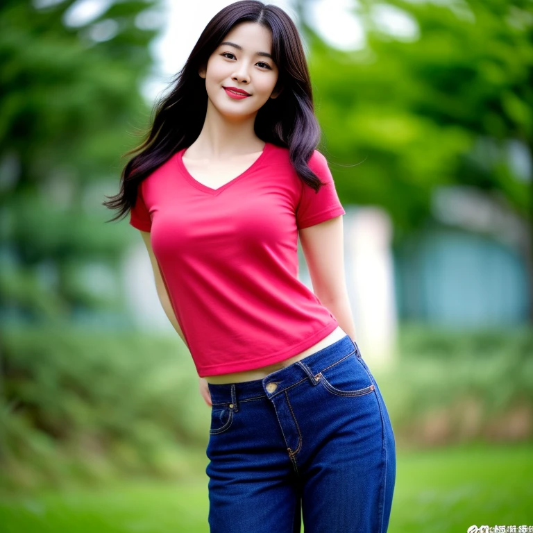 Draw the lips correctly, red lipstick, From the chest up, best quality, Extremely detailed, realistic, ผิวExtremely detailed, perfect anatomy, (1 日本mature的女人), (alone)，Wear a dark red shirt.，short sleeve，Blue Jeans，black belt，long wavy hair，37 year old woman，mature，Charming smile，outdoor background，stand，leg length，chubby，big breasts，stand up，full body shot