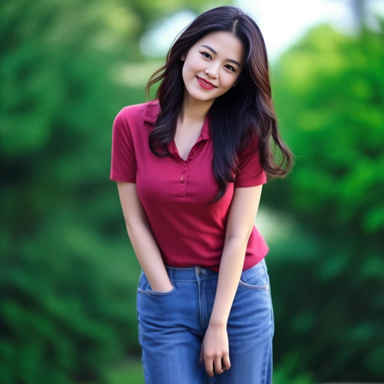 Draw the lips correctly, red lipstick, From the chest up, best quality, Extremely detailed, realistic, ผิวExtremely detailed, perfect anatomy, (1 日本mature的女人), (alone),Wear a dark red shirt.,short sleeve,Blue Jeans,black belt,long wavy hair,37 year old woman,mature,Charming smile,outdoor background,stand,leg length,chubby,big breasts,stand up,full body shot