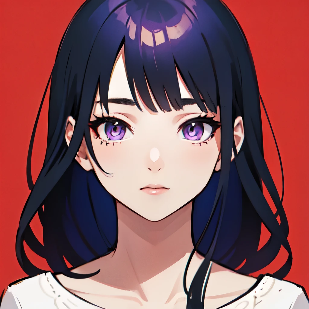 ((best quality)), ((masterpiece)), (detailed), perfect face. Asian girl. Purple hair. Purple eyes. T-shirt.