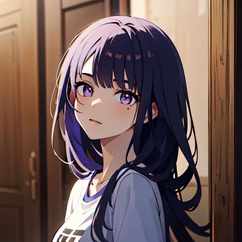 ((best quality)), ((masterpiece)), (detailed), perfect face. Asian girl. Purple hair. Purple eyes. T-shirt.