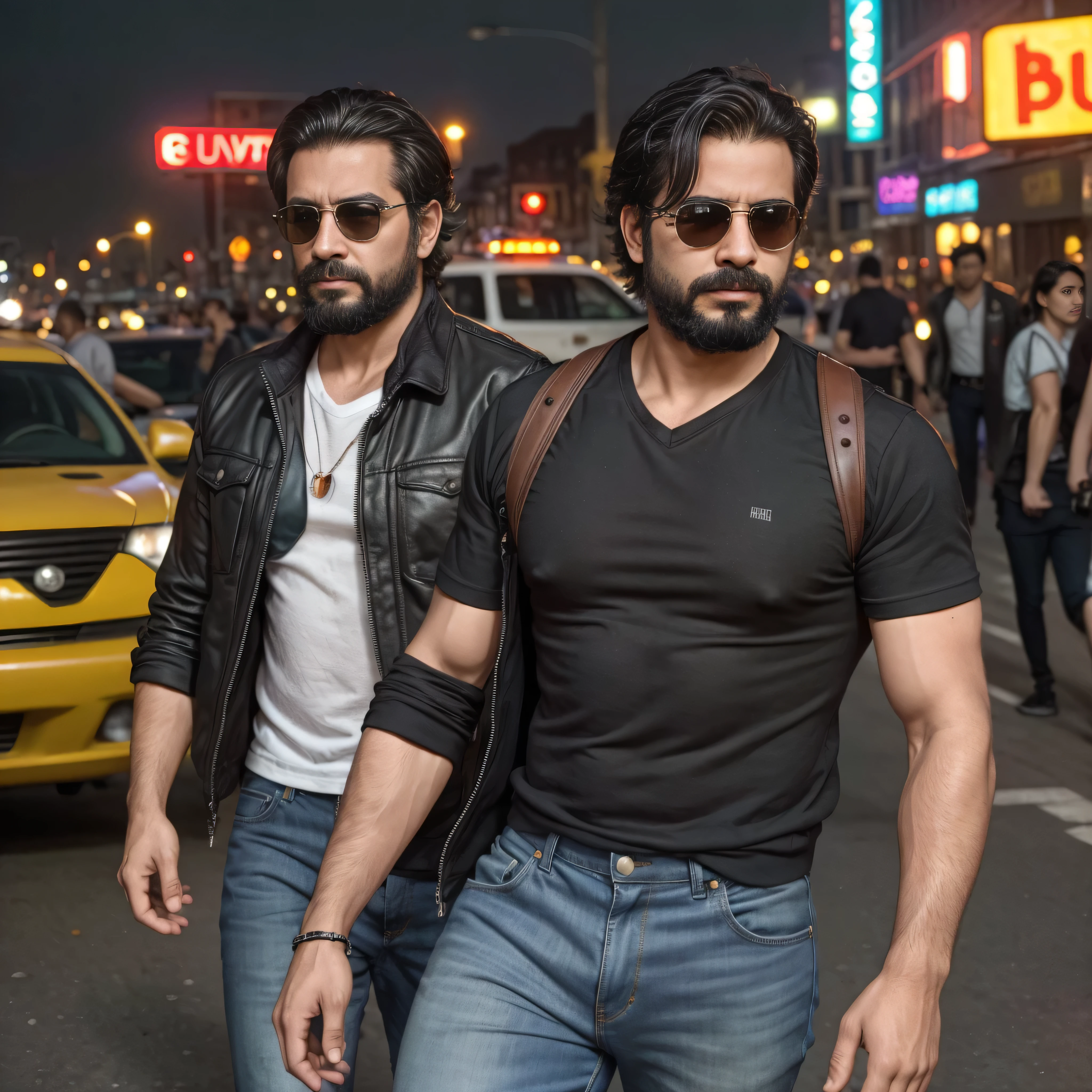Imagine a movie scene set on a bustling New York street during the 1970s. The protagonist is a 38 year old man, con barba y lentes de sol oscuros estilo aviador. Lleva una chaqueta de cuero negro, una camiseta blanca y jeans desgastados, emanando una vibra de rudo y rebelde. Camera captures a medium shot, focusing on upper body while walking purposefully through the crowd, esquivando taxis amarillos y vendedores ambulantes. Los rascacielos se alzan a su alrededor, and the neon signs flash with vibrant colors. The evening light creates a warm contrast, partially illuminating his face and highlighting his determined expression. The atmosphere is dynamic and full of urban energy, with a rock music soundtrack that complements the scene.