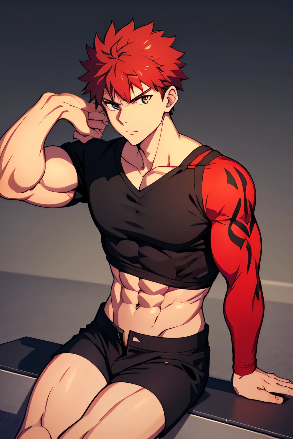 Shirou is sitting and flexing his biceps. He wears black shorts. You can see his thighs. He looks stoic and serious. He has bulging veins on his arms. He wears a black tshirt with short sleeves. His sleeve is completely rolled up so you can see his entire arm and shoulder. He is showing his abs too, red hair