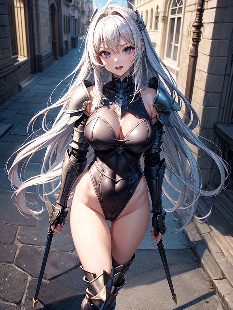 Woman knight、a beauty girl、huge tit、Excellent style、Nice Buddy、glamorous、leotard、s Armor、Shoulder rest armor、Bra chest armor、knee boots、gauntlets、hair adornments、silber hair、Longhaire、Ahoge、is standing、full body seen 、Medieval city、Walking、slightly open mouth、a smile、