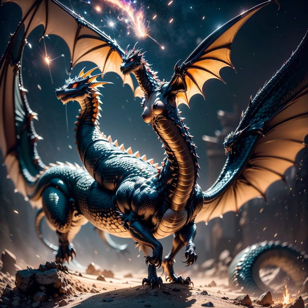 An ultra-realistic and ultra-detailed (Legendary Psychedelic Masterpiece), ((full body portrait)), (Dynamic Angle, View From Below), A Dragon Beside A Gorgeous caucasian celestial Sorceress creating Magical Energy in front of her, Dark Sneakers, Slim Body, (Long Straight Black Hair), (silver eyes), ((small breasts)), Wearing A Unique Abstract Fashion Outfit With A (Colorful Elegant Wizards Cloak), ((Her Magnificent Dragon Is Beside Her)), Striking, Awkward View Angle, Galactic Clouds everywhere adorned with vivid chemiluminescent stars and galaxies floating through the cosmos, Atmospheric, radiating luminous cosmic energy, multicolored, vibrant lighting, visually stunning, surreal, epic, legendary, radically fantastic, sharp uhd, dof, 8k resolution, enhanced-realism, hyper-photorealism.