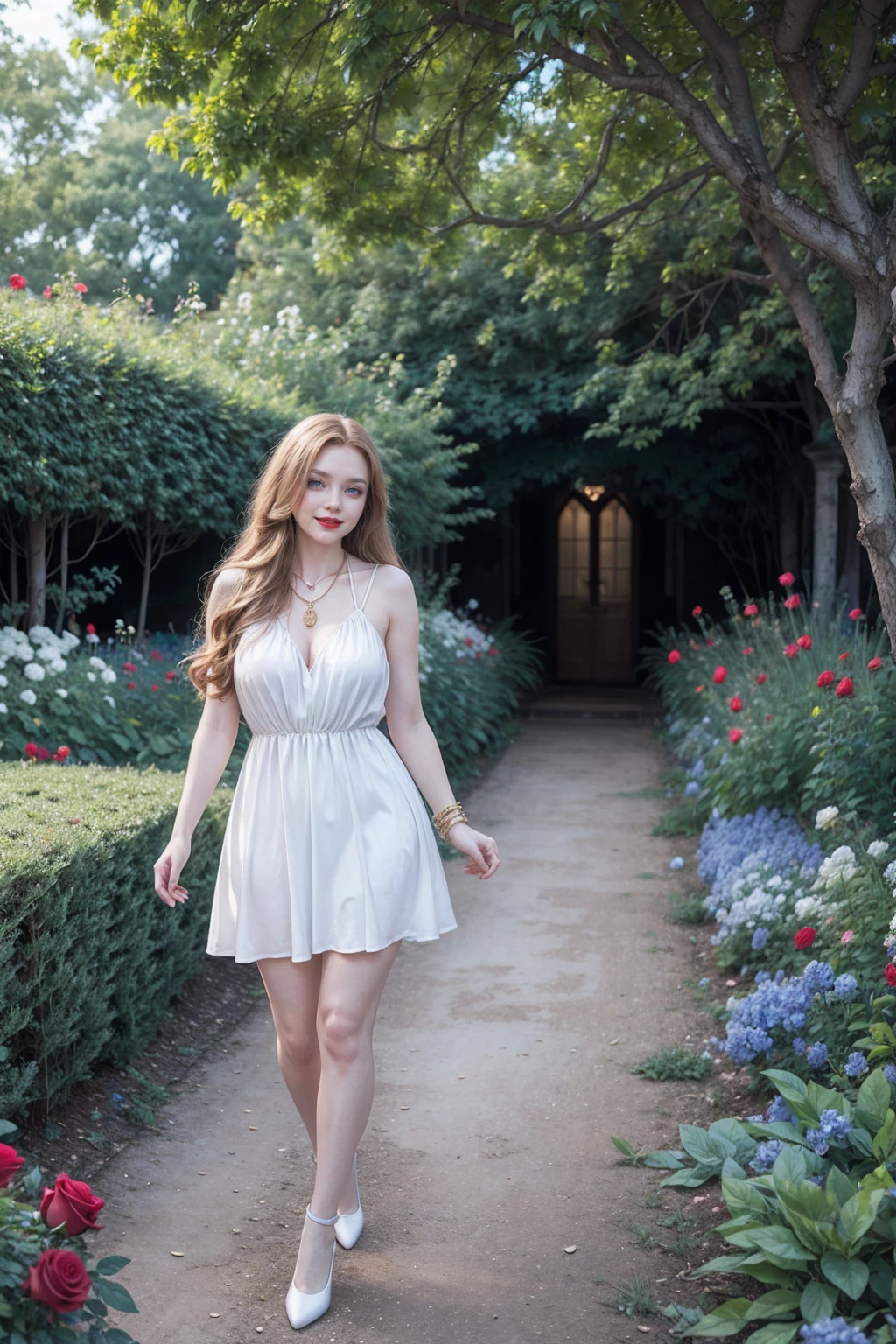 warm smile (red lips), golden long hair,blue eyes,blue dress,white stockings,jewelry necklace, pale girl, thick legs, walking, in a garden full of roses
