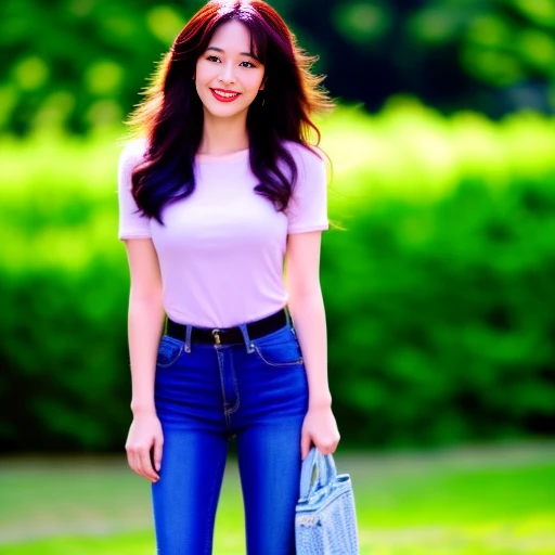 Draw the lips correctly, red lipstick, From the chest up, best quality, Extremely detailed, realistic, ผิวExtremely detailed, perfect anatomy, (1 日本mature的女人), (alone),Wear a dark red shirt.,short sleeve,Blue Jeans,black belt,long wavy hair,37 year old woman,mature,Charming smile,outdoor background,stand,leg length,chubby,big breasts,stand up,full body shot