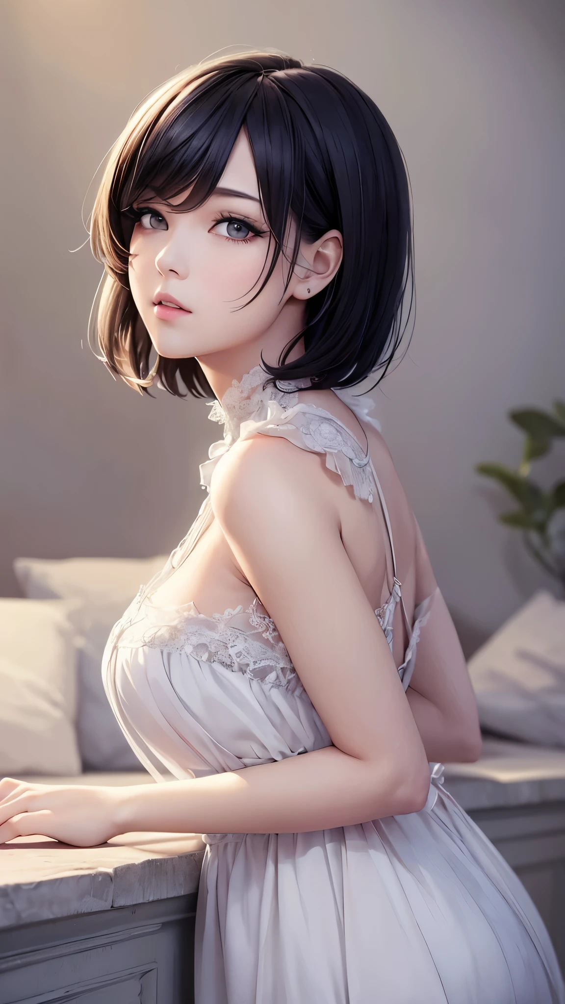 (masterpiece:1.3)、(8k、Photorealsitic、RAW Photography、top-quality: 1.4)、(1girl)、Beautiful face、(lifelike face)、(Dark black short hair, bob:1.3)、Beautiful hairstyle、realistic eyes、Beautiful details、 backless and strapless lacy dress(real looking skin)、Beautiful skins、(lace dresses)、absurderes、enticing、超A high resolution、A hyper-realistic、high-detail、the golden ratio