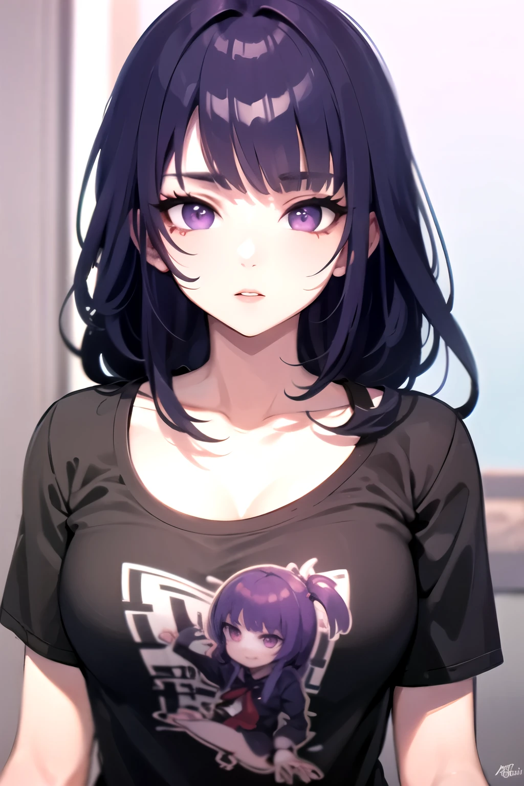 ((best quality)), ((masterpiece)), (detailed), perfect face. Asian girl. Purple hair. Purple eyes. T-shirt.