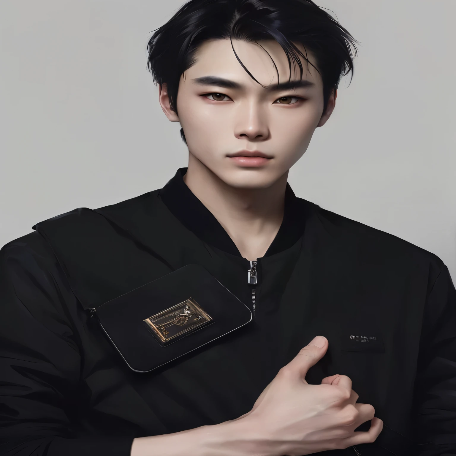 a close up of a person wearing a black jacket and a black purse, kim doyoung, hyung tae, hsiao-ron, wonbin lee, jung jaehyun, hong june hyung, yanjun chengt, taejune kim, jinyoung shin, inspired by Zhang Han, young wan angel, siwoo kim, korean artist, cai xukun, dark night background, realism artstyle, detail d color portrait, high quality portrait
