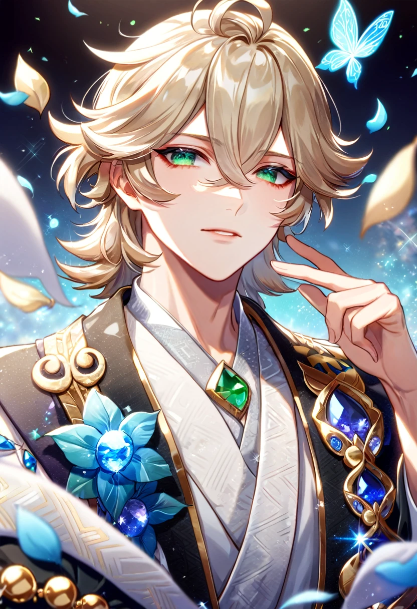 (absurdres, highres, ultra detailed, HDR) master piece, best quality, delicated features, Taishakuten, ash-blonde hair, hair between the eyes, expressive green eyes, Onmyoji, solo, man, handsome , black haori, white kimono with accessories, jewelry, patterns, magical fantasy, blue butterflies, glittering, sparkling, blue lilies, petals, radiant