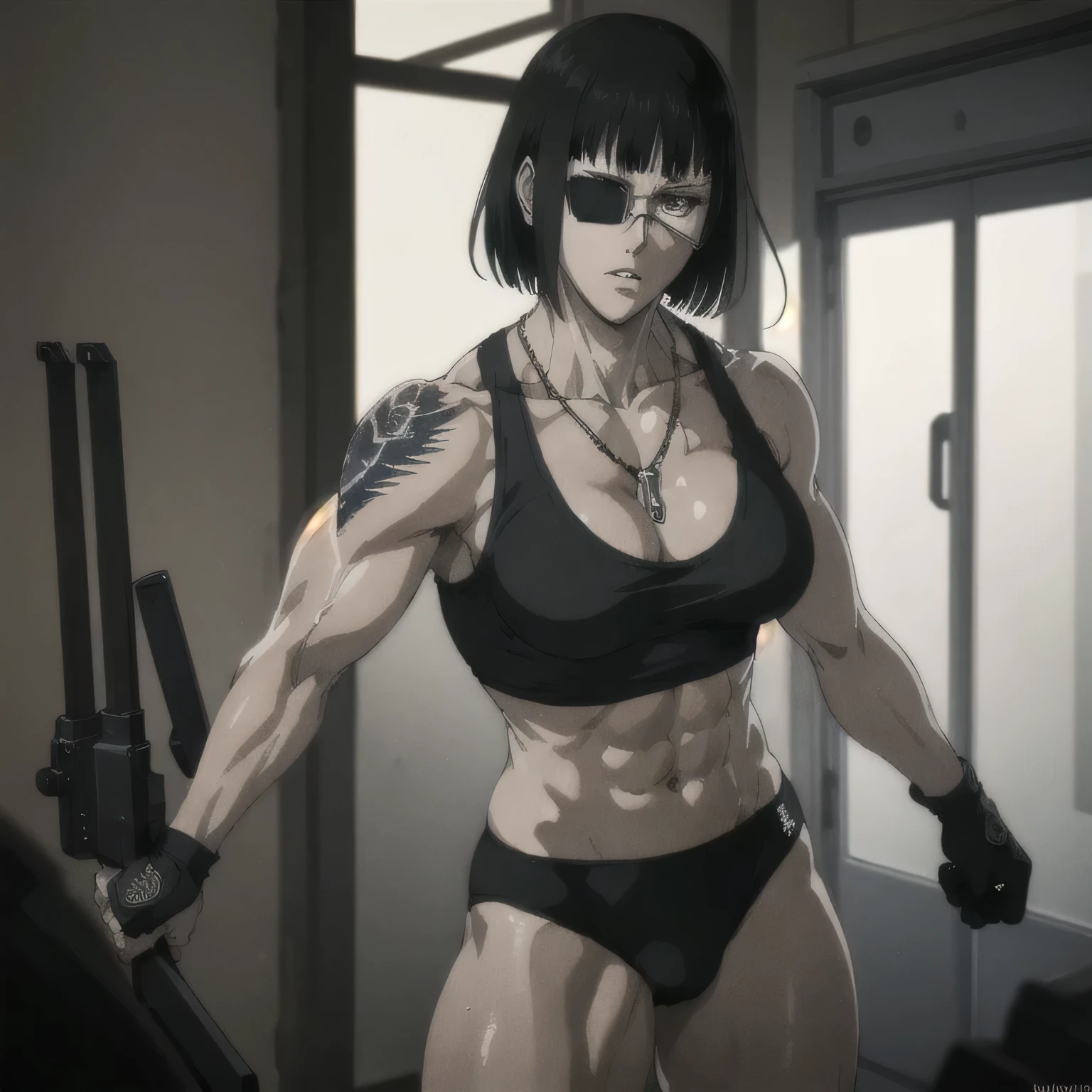 (best quality,ultra-detailed,realistic:1.37),musclaur badass girl with sculpted body with preview her musclaur body and six-pack, full review of the female character's face and body, intense expression,studio lighting, vivid colors, physiologically-based rendering, grungy texture, rugged background, dust particles in the air, commanding presence, professional, powerful, gritty aesthetics,,Valmet،short hair،tattoos on shoulders,,Shining muscles, muscle protrusion,wearing military male black underwear and midriff tank top,necklace,Valmet have a sex muscles,eyepatch,penis,penis growth inside underwear,penisQuiron,