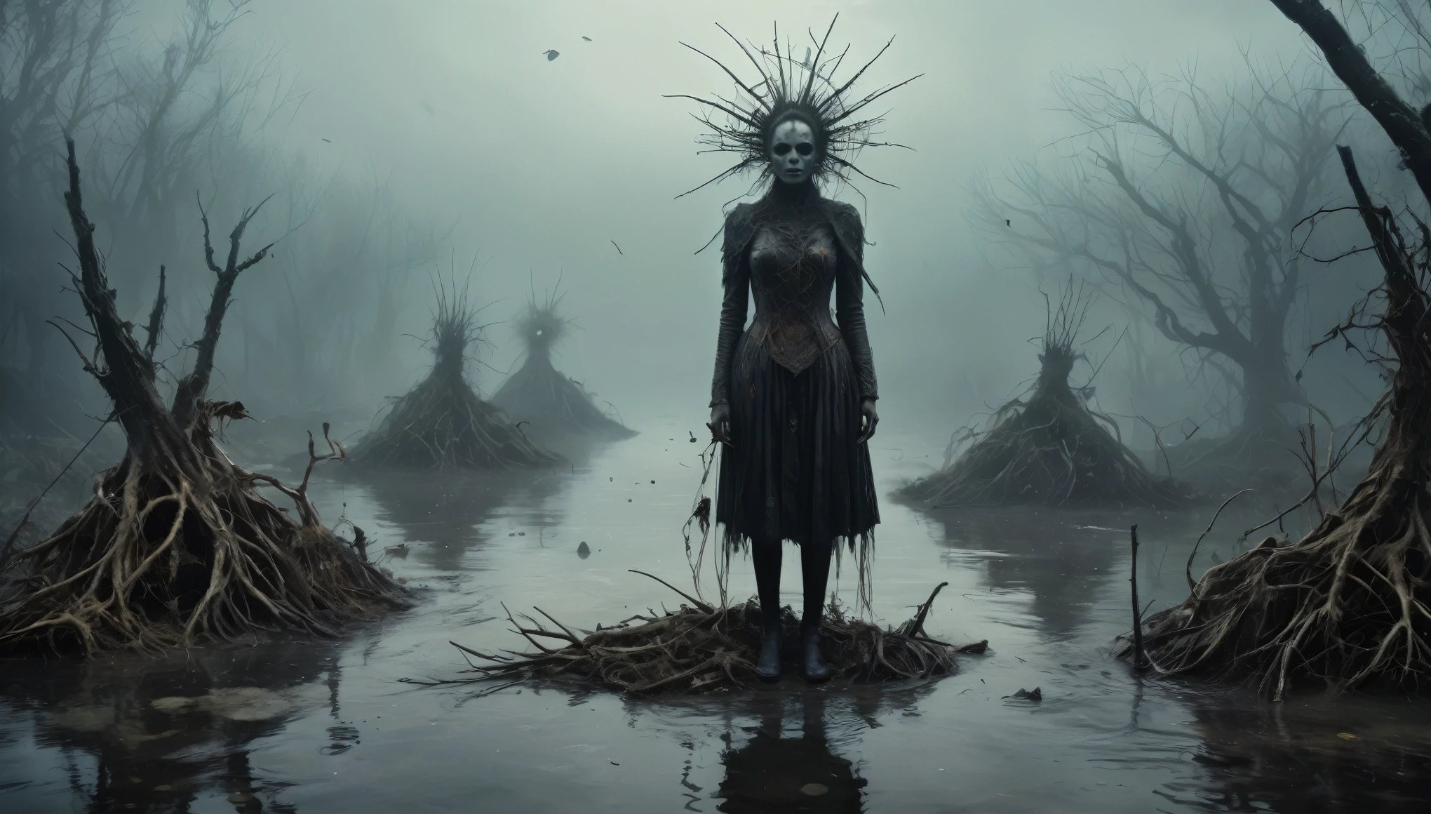 young graphite witch made of dead plants crawling out the water in a foggy marsh, radioactive atmosphere,charcoal abandoned mechanical clockwork Spaceship, steampunk dark horror fantasy, ominous landscapes,large number of stars fly towards the viewer,radioactive world,ruined theme,lots of toxic dust,amazon,full body length,once pretty face,full body length, eerie atmosphere, ethereal presence, toxic mists, supernatural entities, sinister aura, dark and twisted branches, macabre elements, eerie and ominous lighting,Complicated detail,captivating creation,intricate details,extremely detailed,masterpiece,intricate details,eyes extremely detailed, high detailed eyes,32k resolution, Nikon Z9,After tsunamis,like Stone Forest in Yunnan Province of China,Simon Stalenhag,Nicola Samori,Wangechi Mutu, horror movie, cinematic look, creepy aesthetic, ultra detailed, photorealistic, masterpiece.