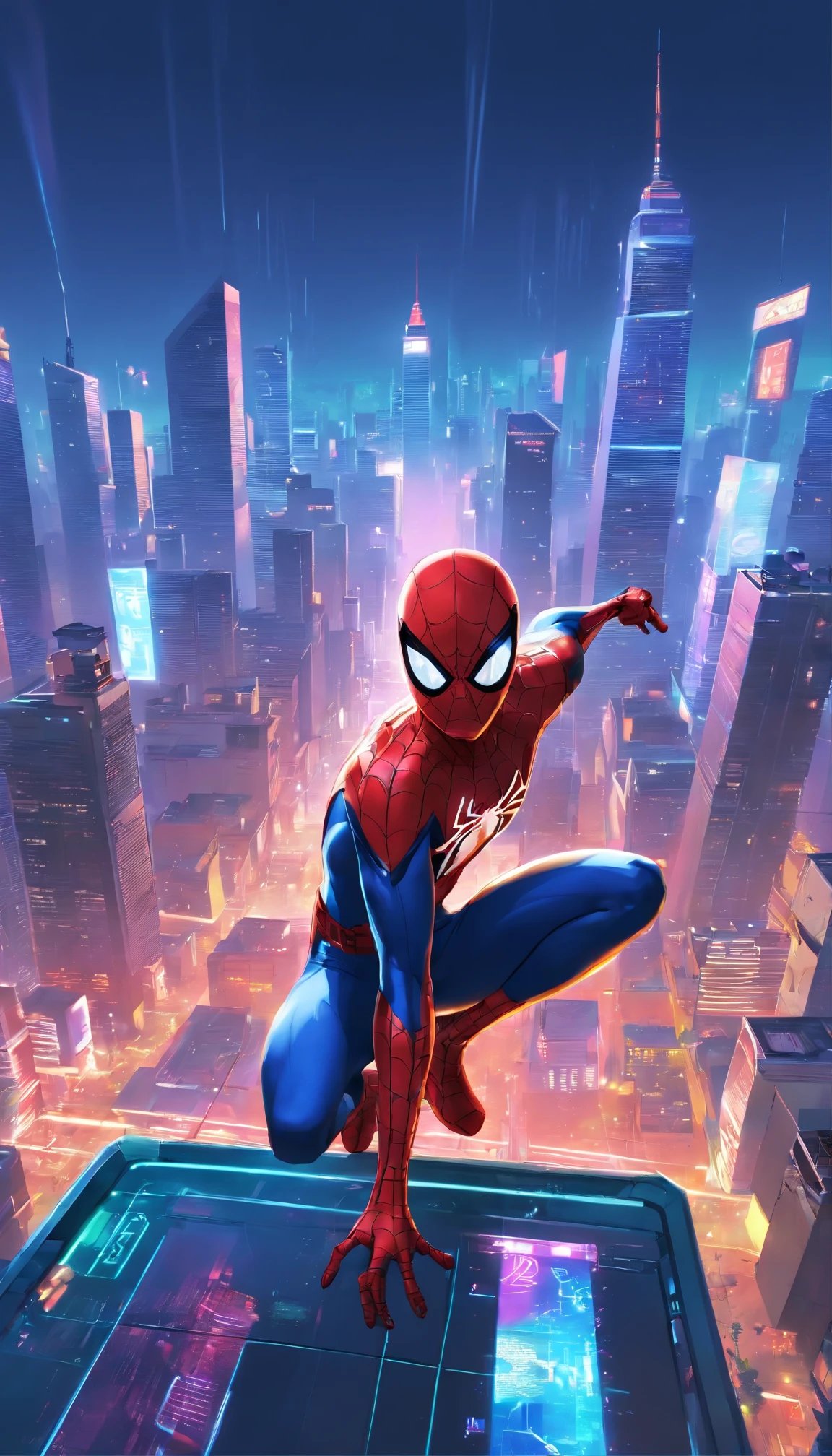 Get ready to witness the merging of the worlds of Spider-Man and Cyberpunk in one breathtaking image. Nesta obra-prima visual em 8K, You will be transported to a futuristic and dystopian environment, where the iconic Marvel hero gets a new look.

O Homem-Aranha surge em uma paisagem urbana imponente, dominated by gigantic skyscrapers and holographic advertisements that shine brightly. Neon lights reflect off his cybernetic armor, creating a striking contrast between the hero&#39;s characteristic red and blue and the oppressive darkness of the environment.

Seu traje, remodelado para se adequar ao estilo Cyberpunk, features metallic details and futuristic lines, combining functionality and futuristic aesthetics. The advanced fabric, adornado com circuitos luminosos, appears to pulse with electronic energy as Spider-Man prepares to face the challenges of this chaotic world.

The surrounding city is full of elements characteristic of the Cyberpunk style, como carros voadores, cybernetic implants, Drones and robots, Adding a unique and technological atmosphere to the image. The contrast between the grandeur of the buildings and the presence of Spider-Man amidst this dystopian landscape conveys a sense of solitary heroism and resilience against adversity..

A qualidade impressionante em 8K permite que cada detalhe seja visualizado com clareza e realismo, from the intricate webs cast by Spider-Man to all the reflections and textures of the futuristic environment.

Prepare to be amazed by this epic crossover between the Spider-Man universe and Cyberpunk aesthetics, in an image that will captivate your imagination and transport you to a world where action, a tecnologia e a aventura se unem em perfeita harmonia.