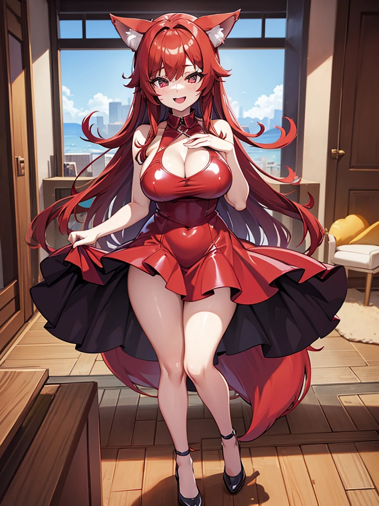 Happy woman, with wolf ears and red hair, holding her cheeks, wolf tail, wearing a latex dress, looking at veiwer, full body, you can see her chest, naked breasts