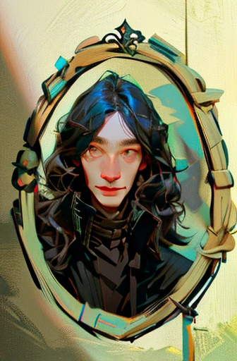 a drawing of a woman with long hair and a black jacket, severus snape, halfbody portrait, colored sketch, portrait of fin wildcloak, inspired by William Mustart Lockhart, inspired by Sebastian Vrancx, portrait of ((mischievous)), a character portrait, highley detailled face, looking in the mirror, sickening, sickly