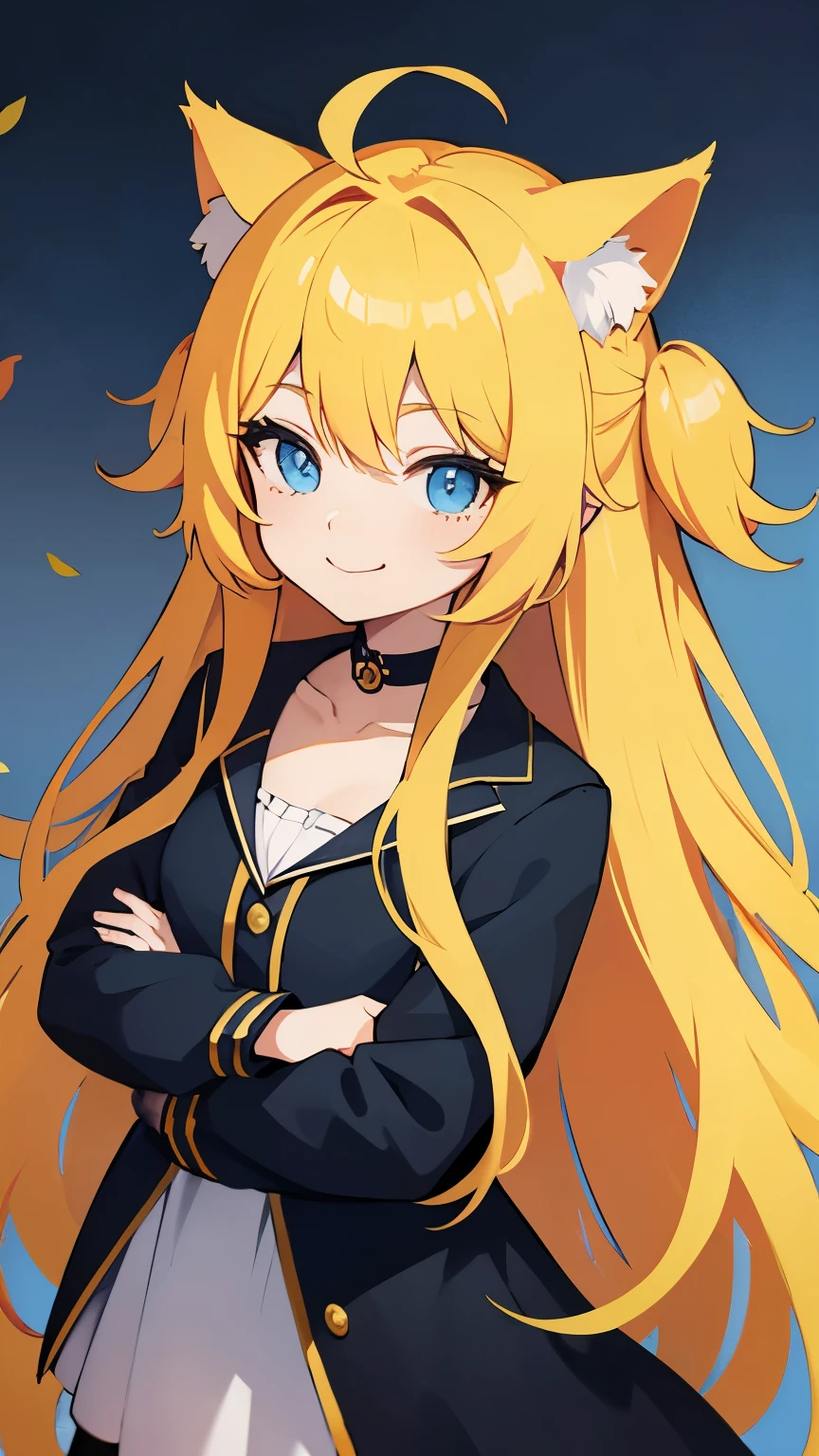 Anime cat girl with long yellow hair and blue eyes chibi is smiling.