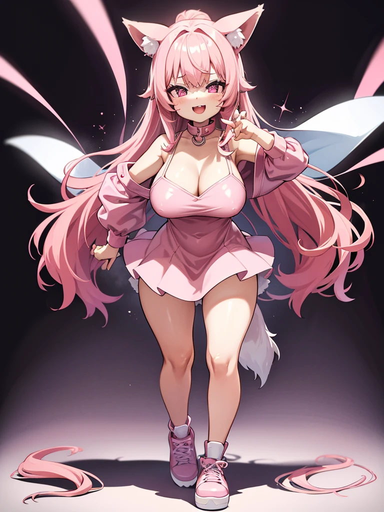 Happy young girl, with wolf ears and pink hair, holding her cheeks, wolf tail, wearing a latex dress, looking at veiwer, full body, you can see her chest, naked breasts