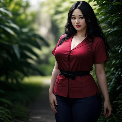 Draw the lips correctly, red lipstick, From the chest up, best quality, Extremely detailed, realistic, ผิวExtremely detailed, perfect anatomy, (1 日本mature的女人), (alone)，Wear a dark red shirt.，short sleeve，Blue Jeans，black belt，long wavy hair，37 year old woman，mature，Charming smile，outdoor background，stand，leg length，chubby，big breasts，stand up，full body shot