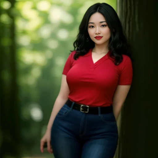 Draw the lips correctly, red lipstick, From the chest up, best quality, Extremely detailed, realistic, ผิวExtremely detailed, perfect anatomy, (1 日本mature的女人), (alone),Wear a dark red shirt.,short sleeve,Blue Jeans,black belt,long wavy hair,37 year old woman,mature,Charming smile,outdoor background,stand,leg length,chubby,big breasts,stand up,full body shot