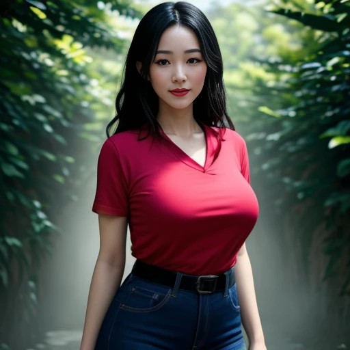 Draw the lips correctly, red lipstick, From the chest up, best quality, Extremely detailed, realistic, ผิวExtremely detailed, perfect anatomy, (1 日本mature的女人), (alone)，Wear a dark red shirt.，short sleeve，Blue Jeans，black belt，long wavy hair，37 year old woman，mature，Charming smile，outdoor background，stand，leg length，chubby，big breasts，stand up，full body shot