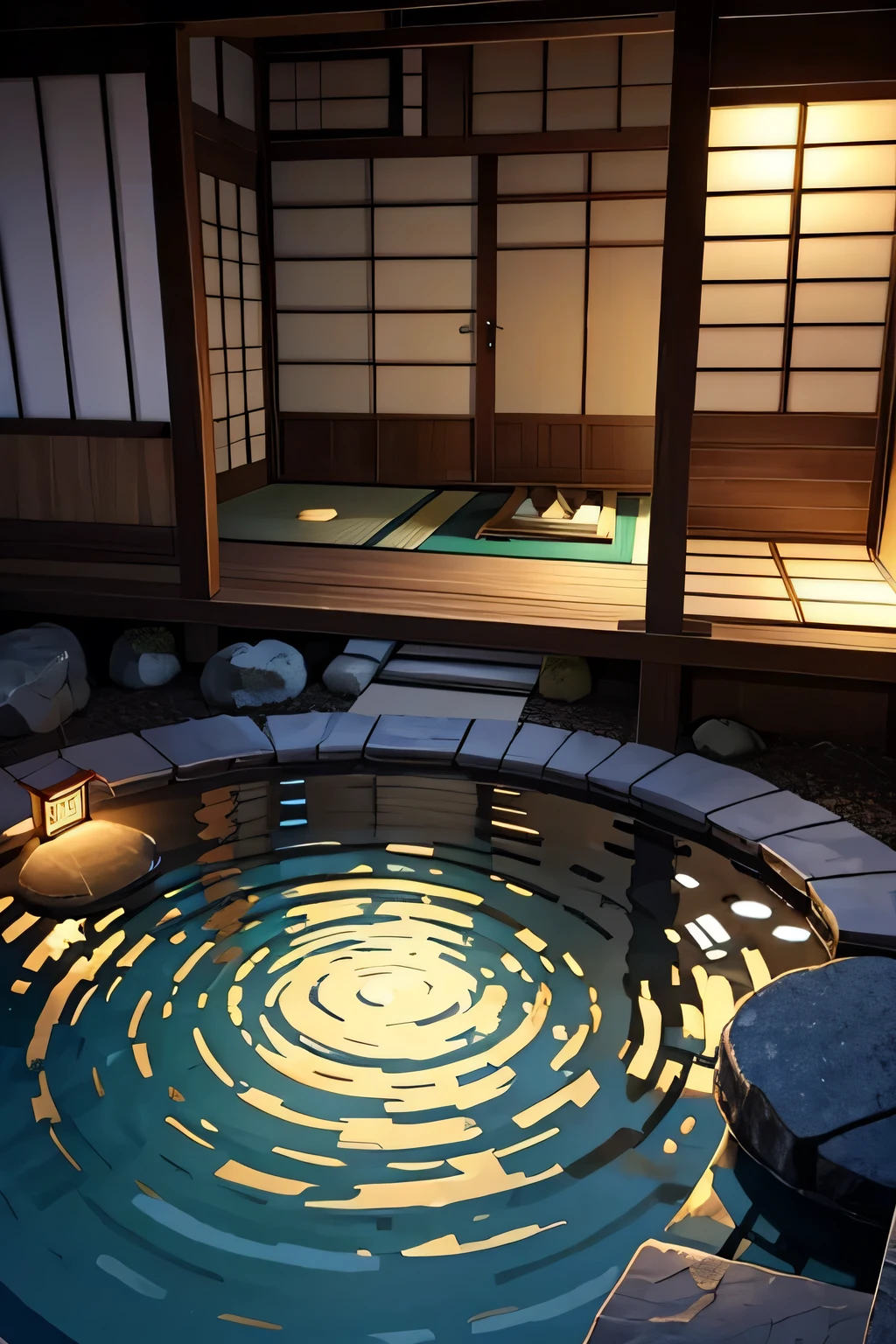 Drawing a Japanese style indoor courtyard spa，There is a circle of pebbles next to the hot spring，It feels like Japanese style。