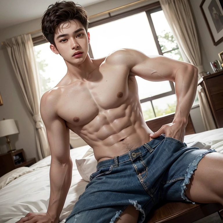 Hyper-realistic portrayal of an Asian  boy, 15 y identified as a twink, showcasing a chiseled and muscular physique. The illustration boasts high resolution, almost reaching 8K, and is highly detailed, with every muscle fiber and facial feature meticulously rendered. The boy's face is beautifully detailed, with charming eyes that sparkle under the highlight of the artwork. His delicate features exude top-quality detail, from the freckles on his nose to the dimples on his cheeks.

The boy's hair, styled in a trendy asymmetrical cut, frames his youthful face beautifully. His cheekbones are high and