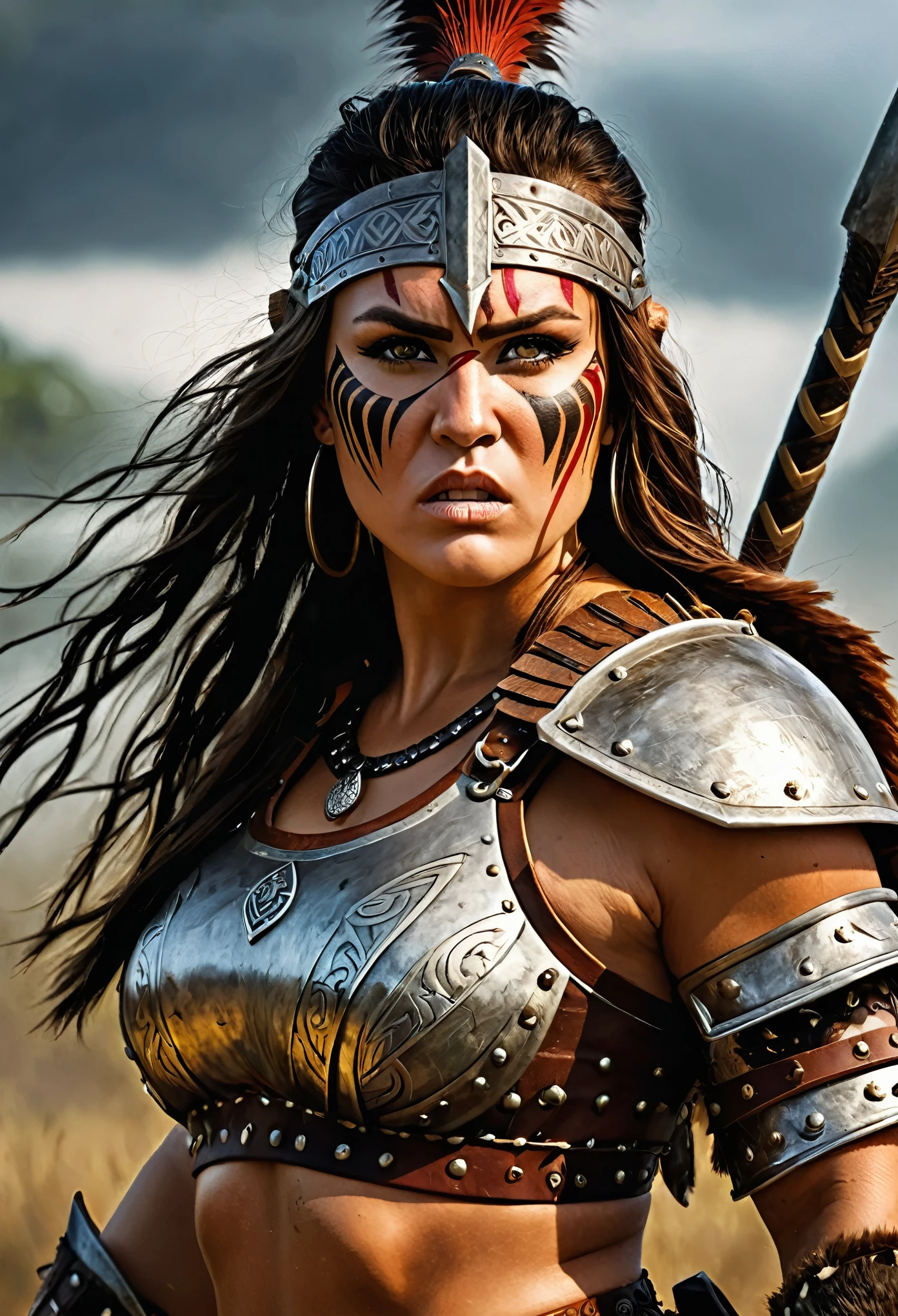 ((best quality)), ((masterpiece)), (detailed), perfect face, Envision a savage female barbarian warrior, her battle cries echoing through the battlefield as she unleashes her fury upon her foes. Her armor should be adorned with tribal markings and symbols, representing her connection to her ancestral heritage