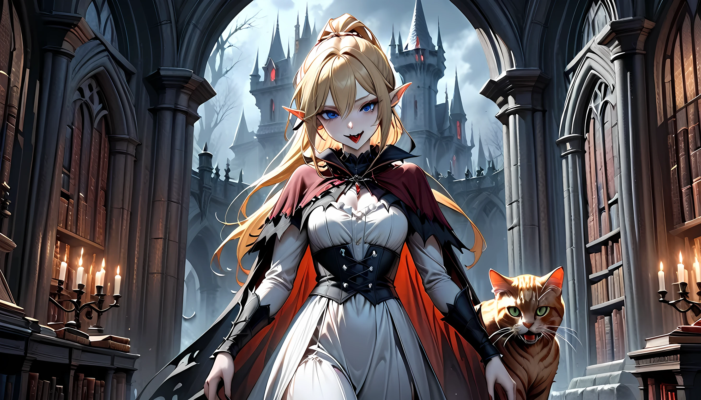 arafed a picture of elf vampire in her castle and her pet epic cat an exquisite beautiful female elf vampire (ultra details, Masterpiece, best quality), bloody mouth blond hair, pale skin, hair in a ponytail, long hair, blue eyes, cold eyes, smirking, wearing white dress (ultra details, Masterpiece, best quality), red cloak, in dark fantasy library, with an ((big cat: 1.3)) (ultra details, Masterpiece, best quality: 1.5) book shelves, arafed high details, best quality, 16k, [ultra detailed], masterpiece, best quality, (ultra detailed), full body, ultra wide shot, photorealism, RAW, dark fantasy art, gothic art, ArmoredDress, Dark Novel, Dark Art Painting Style, Bloodborne